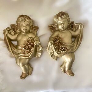 Vintage gold cherub Angel ceramic chalk wall hanging sculpture home decor